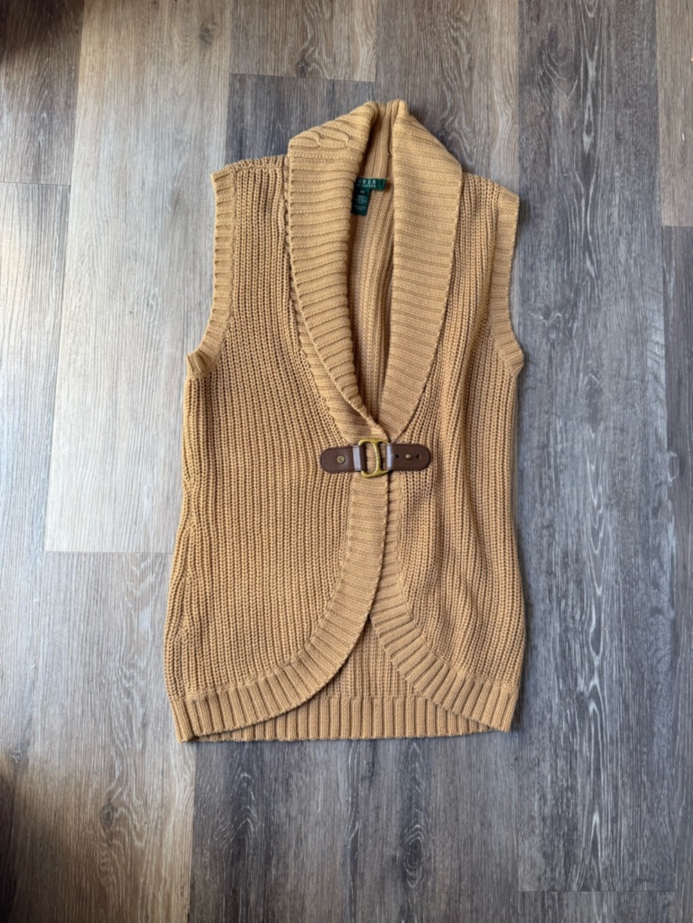 Ralph Lauren COTTON Camel Knit Sleeveless Shawl Vest with Buckle Size XS